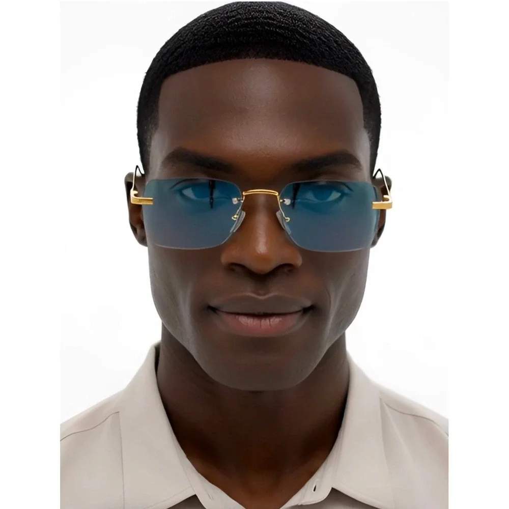 Mens Rimless Rectangular Sunglasses Gold Frame Green Gradient Lens Retro Y2K New